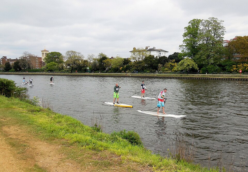 Two people stand-up paddleboarding on the River Thames